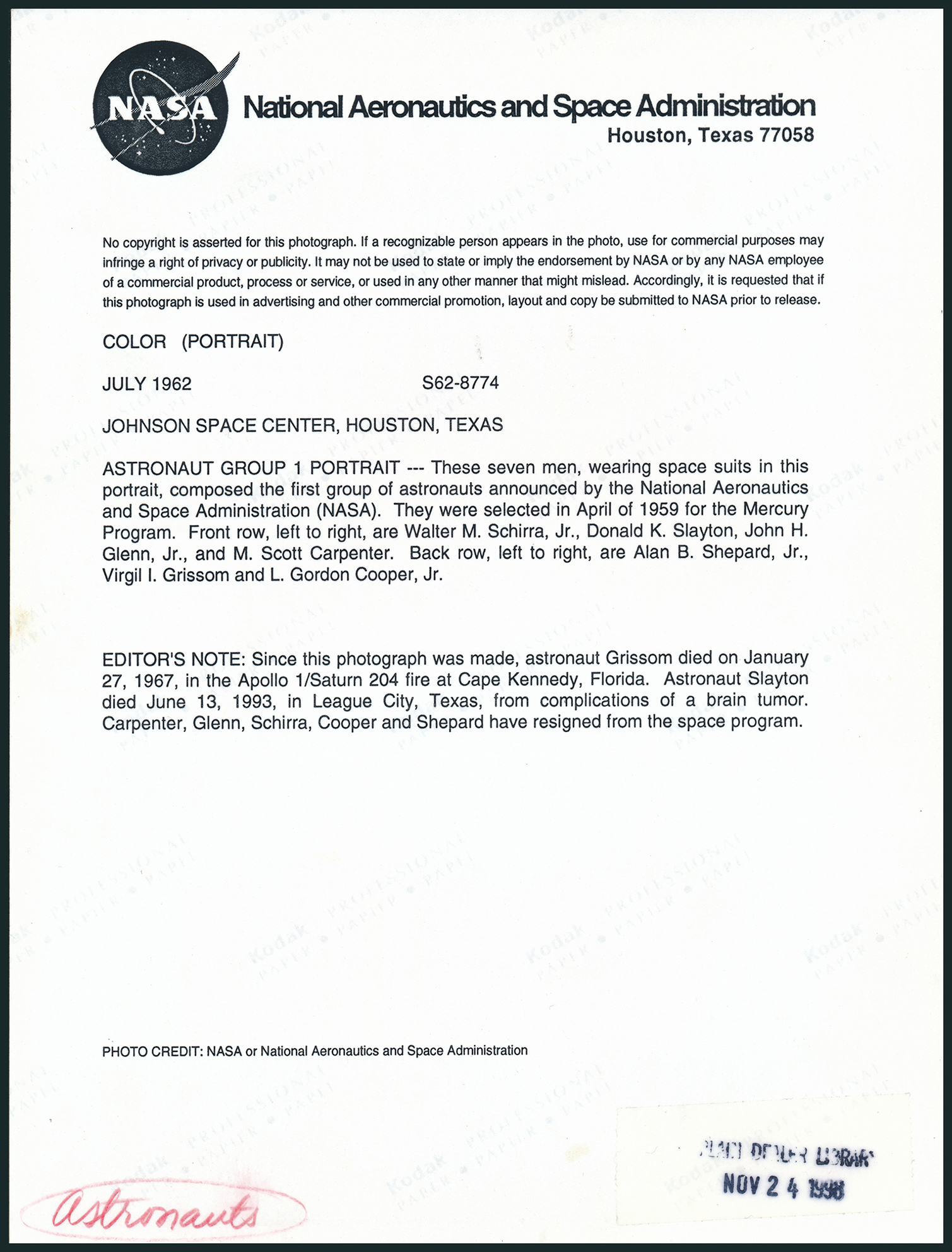 Les "Early Seven" du programme MERCURY, avril 1959 (#1644) - Image 2