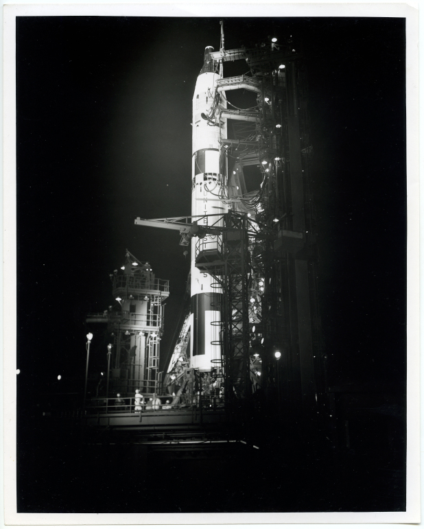Gemini-Titan 1 rocket photographed at night on its launch pad, NASA, 1964