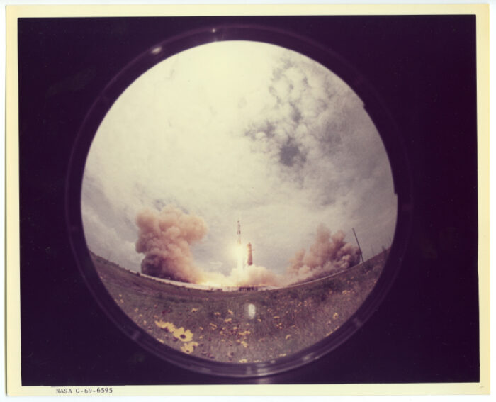 Apollo 10 mission launch in a fish-eye view, NASA photograph, 1969